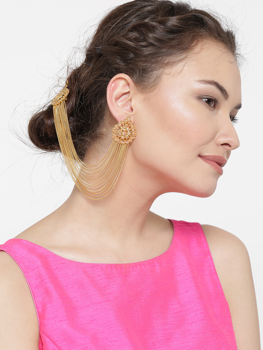 YouBella Gold-Toned Teardrop Shaped Studs with Ear Chains